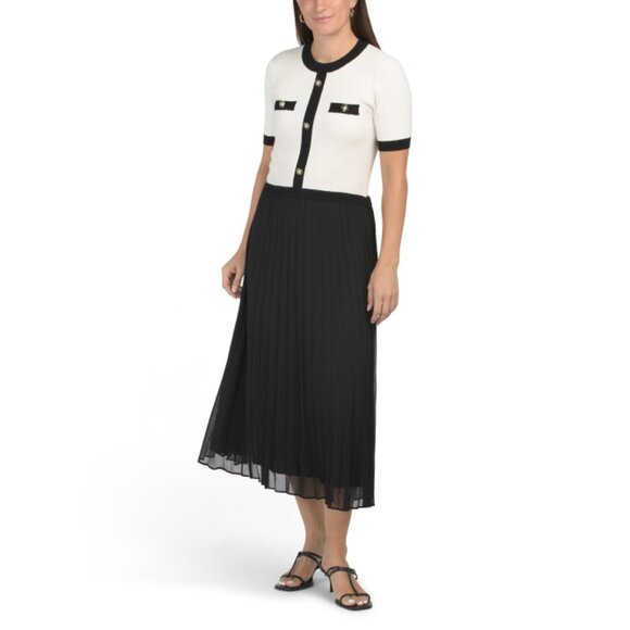 ELLEN TRACY Black/marshmallow Accordion Pleat Twofer Style Maxi Dress - Picture 1 of 2